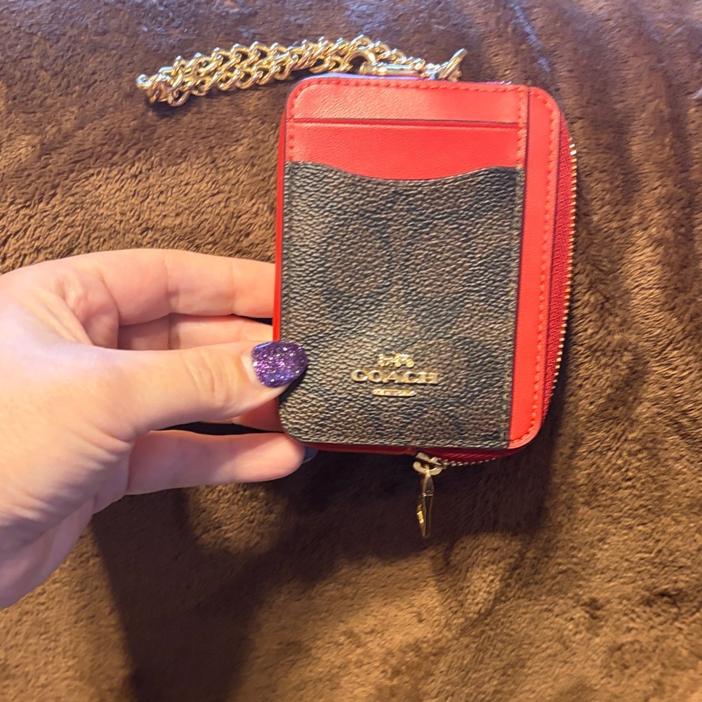 Coach Red and Brown Card Holder with Gold Chain